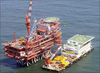 Reliance Industries KG-D6's control and raiser platform is seen off the Bay of Bengal.