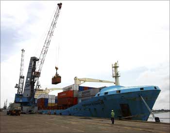 The Maersk Ronneby container ship is loaded at the Container Terminal at the Cochin Port in Kerala.