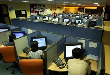 Indian employees at a call centre.